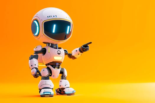 Adorable robot pointing at an object with a bright yellow background.