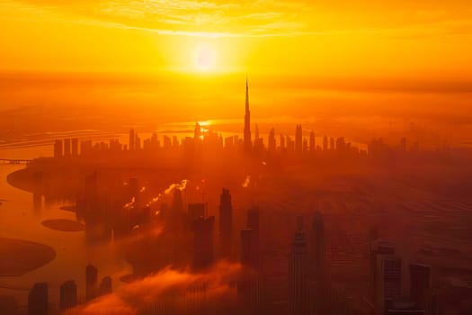 The sun setting over a sprawling cityscape with tall buildings and lights coming on.