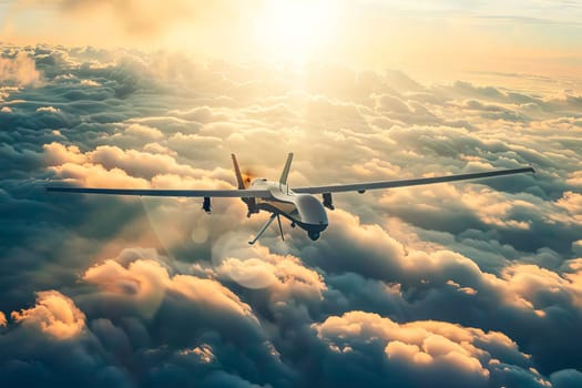 A military unmanned aerial vehicle flying high above thick clouds in the sky.
