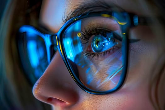 A detailed view of a persons eyes behind glasses next to a computer monitor.