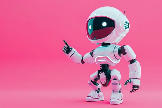A white robot is pointing at something on a pink background.