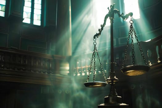 Scales of Justice balanced on a scale in a dark courtroom setting.