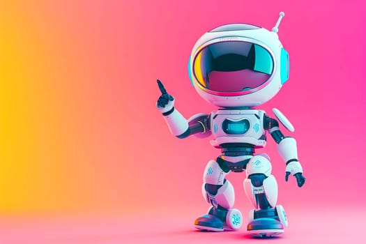 Bright white robot with cute appearance against a vibrant pink and yellow backdrop.