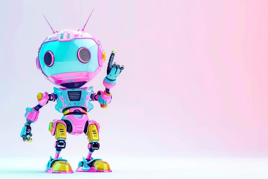 Adorable robot in shades of blue and pink is pointing at something.