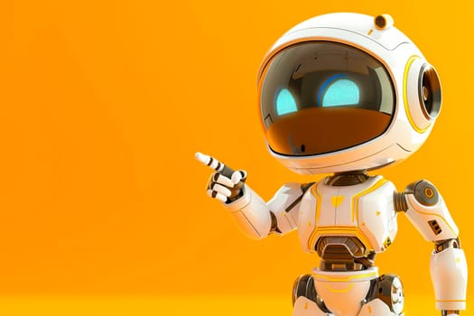 A cute robot points at something on a bright yellow background.