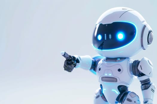 A white robot with blue eyes extends its arm, pointing at something with precision