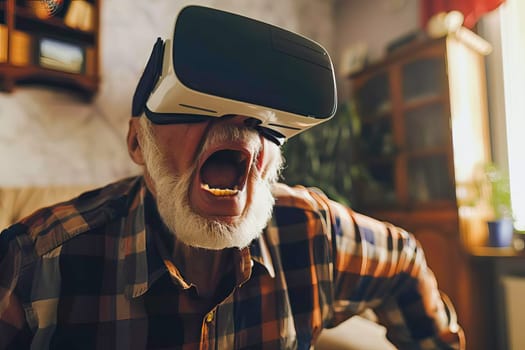 An elderly man actively using a virtual reality headset and appearing engaged in the experience.