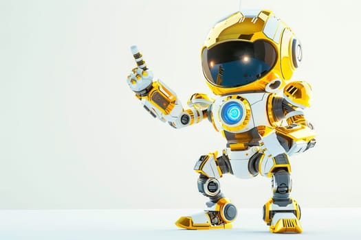 A positive cute robot with yellow and white colors is pointing at something.