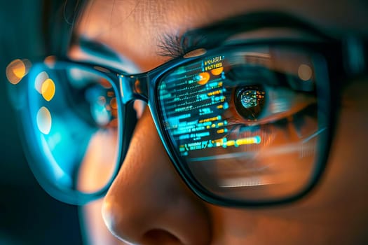 Detailed view of a persons eyes and glasses, with a computer monitor reflection.