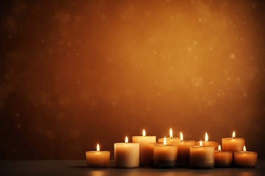 Multiple lit candles against a warm bokeh background.