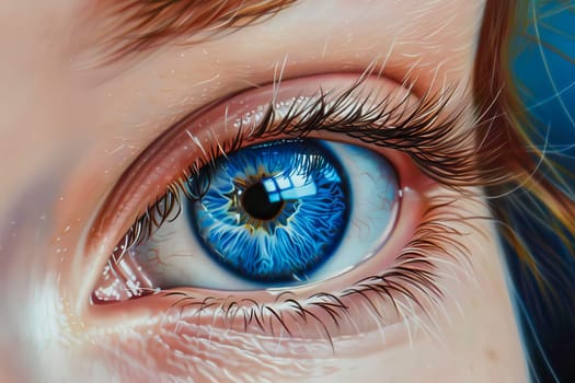 Detailed view of a human blue eye with stunning long eyelashes.