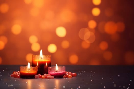 Three lit candles with a warm glow amidst bokeh lights and red beads on dark surface.