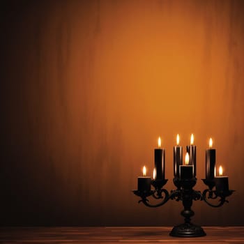 Elegant candlestick with lit candles against a dark, warm backdrop.