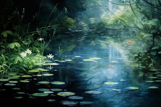 Placid Pond calm water. River garden. Generate Ai