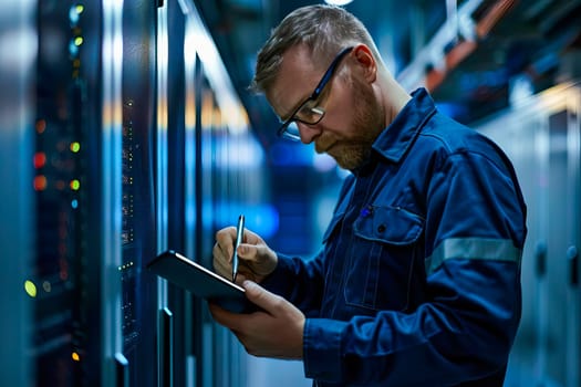 A man is writing on a clipboard in a server room.