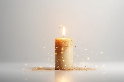 A single lit candle surrounded by magical golden sparkles on a seamless background.