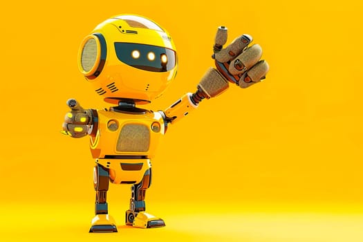 A cute robot with a yellow background enthusiastically giving a thumbs up gesture.
