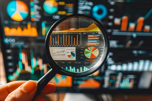 A person closely examines financial graphs using a magnifying glass for in-depth analysis.