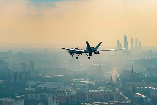 Military unmanned airplane in the air above a cityscape.