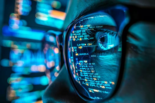 Detailed view of a human eye with glasses, in front of a computer monitor displaying digital information.