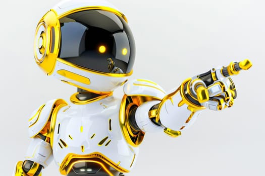 A white and gold robot is pointing at something