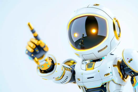 A white and gold robot is pointing at something