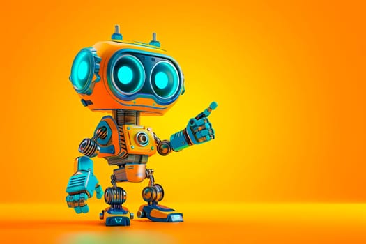 Colorful, cute robot with large eyes pointing at something with intrigue.