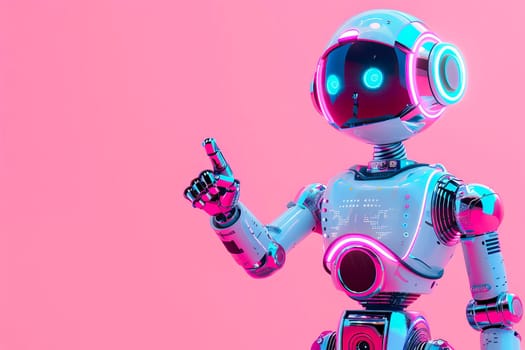 A colorful cute robot is pointing at something with determination