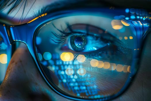 Close-up of a persons face wearing glasses, with focus on the eyes and frame.
