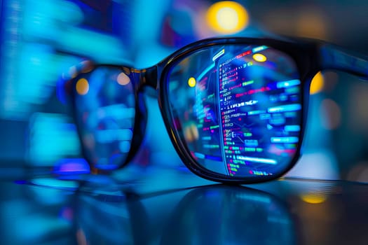 Close-up of eyes and glasses resting on a table next to a computer monitor.