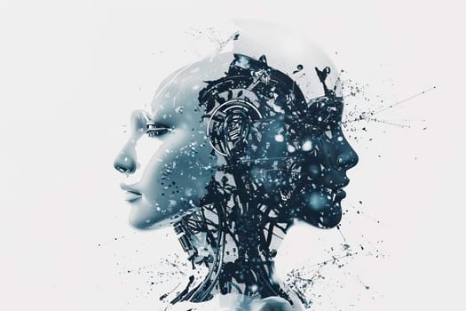 Futuristic design integrated with a womans head, showcasing robotics and AI artificial intelligence connection.