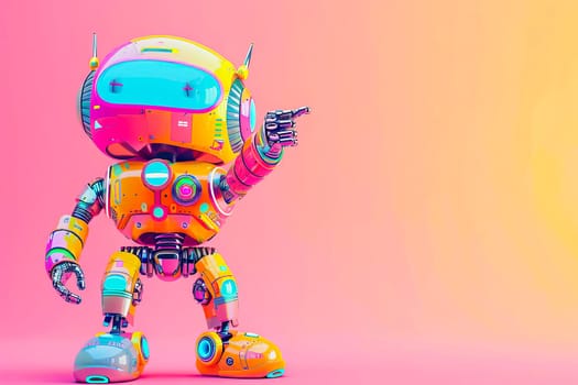 A colorful robot pointing at a space.