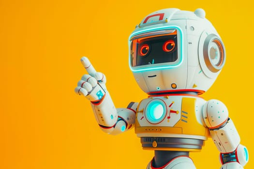 A positive, cute robot pointing at something on a yellow background