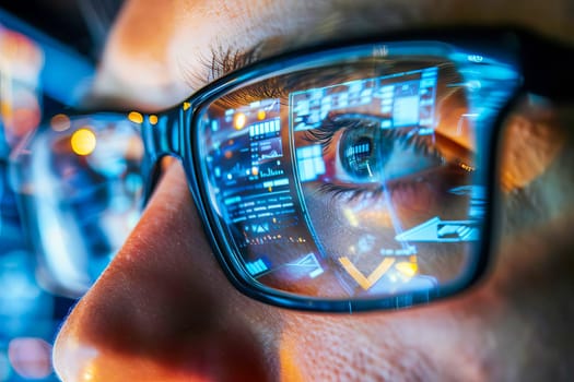 Close-up view of a persons eyes behind glasses, with a computer monitor reflection visible.