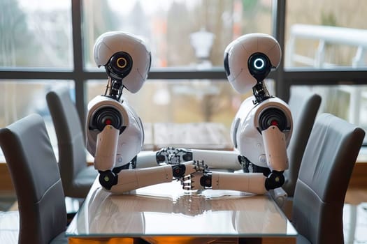 Two robotics or AI artificial intelligence entities sitting at a table, in front of a window.