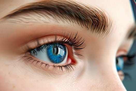 Detailed view of a womans stunning blue eye up close.