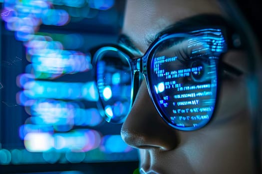 Close-up of a womans eyes behind glasses, with a computer monitor in the background.