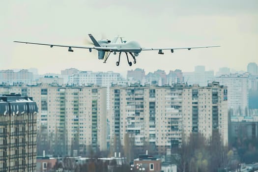 Military unmanned airplane flies over a bustling city, showing the modern intersection of air travel and urban life.