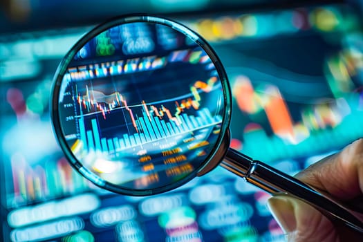 A hand holding a magnifying glass closely examining a detailed stock chart.