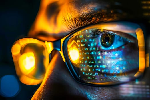 Close-up view of a person wearing glasses, with a computer monitor reflected in the lenses.
