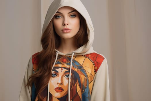 Fashionable Beautiful romantic hoody smiling happy female. Tender face girl hoodie. Generate Ai