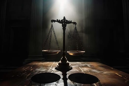A scale of justice is positioned on top of a wooden table in a dimly lit courtroom.