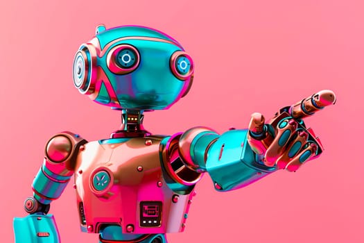 A colorful robot in shades of blue and pink pointing at something.