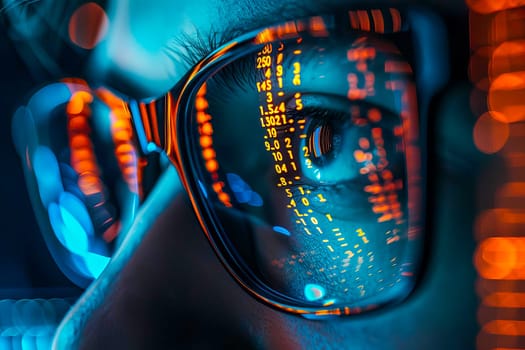 Close-up of a persons eyes wearing glasses, with a computer monitor in the background.