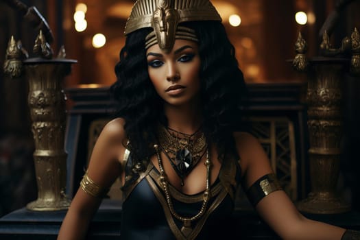 Radiant Cleopatra portrait. Woman gold costume. Fictional person. Generate Ai