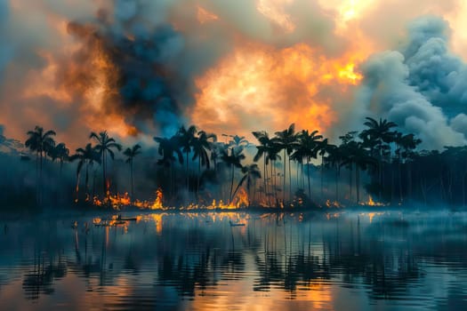 A large plume of smoke rises from a forest located next to a body of water.