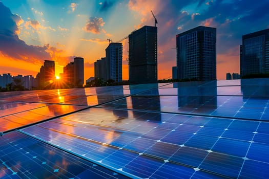 A solar panel capturing sunlight as the sun sets in the background near a modern city with skyscrapers.