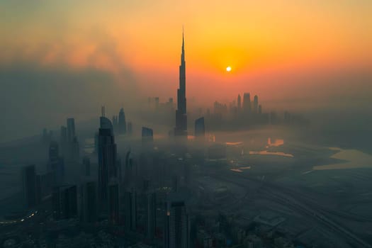 The sun is setting over a city with tall buildings, casting a warm glow over the urban landscape.