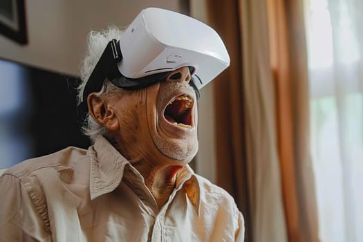 An elderly man is actively engaging with a virtual reality headset, with his mouth open as if shouting or reacting.