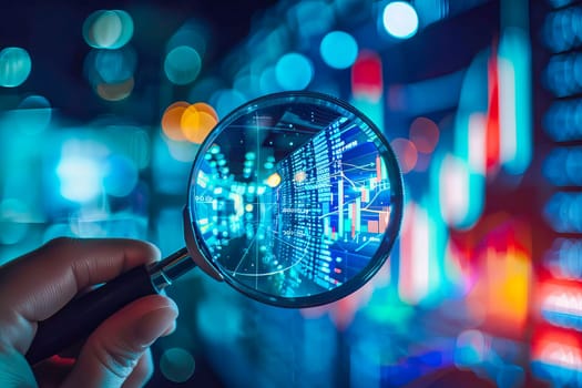 Hand holds magnifying glass over city lights at night.